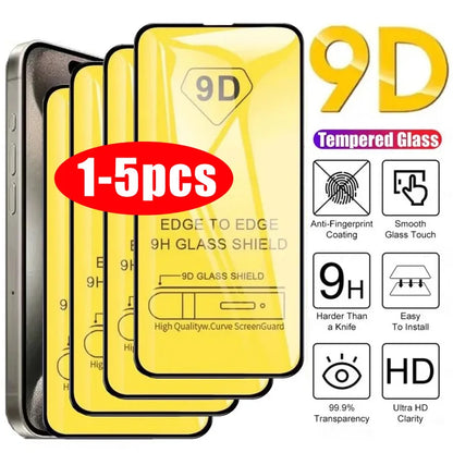 9D Protector  Screen 1-5PCS Tempered Glass For iPhone X XR XS Max 11 12 13 14 15 16 17 Pro Max 14   Mini Plus Protective Cover