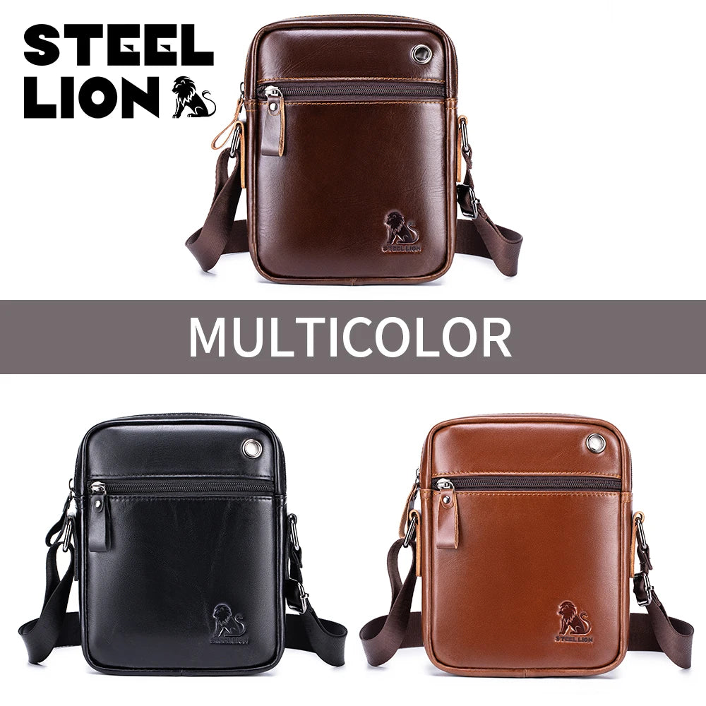 STEEL LION Men's Genuine Leather Crossbody Bag, Cowhide Business Vertical Mini Casual Shoulder Bag, Mobile Phone Bag