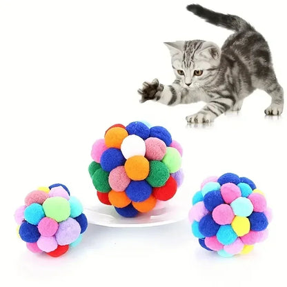 1/3PCS Cat Toys Cat Plush Ball Toy Pet Elastic Bell Ball Self Hi Ball Playing Cat Colorful Woolen Ball - Urbizia