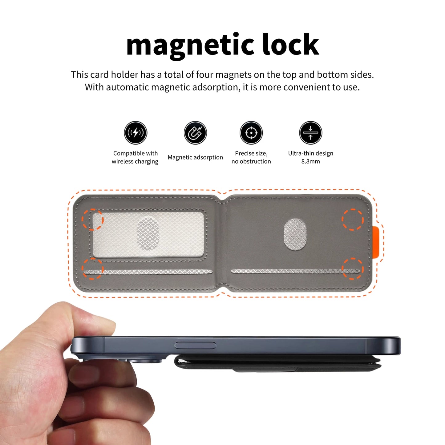 Premium PU Leather Magnetic Phone Card Holder, RFID Anti-Skimming Wallet Compatible with Magnetic Wireless Charging Smartphones,