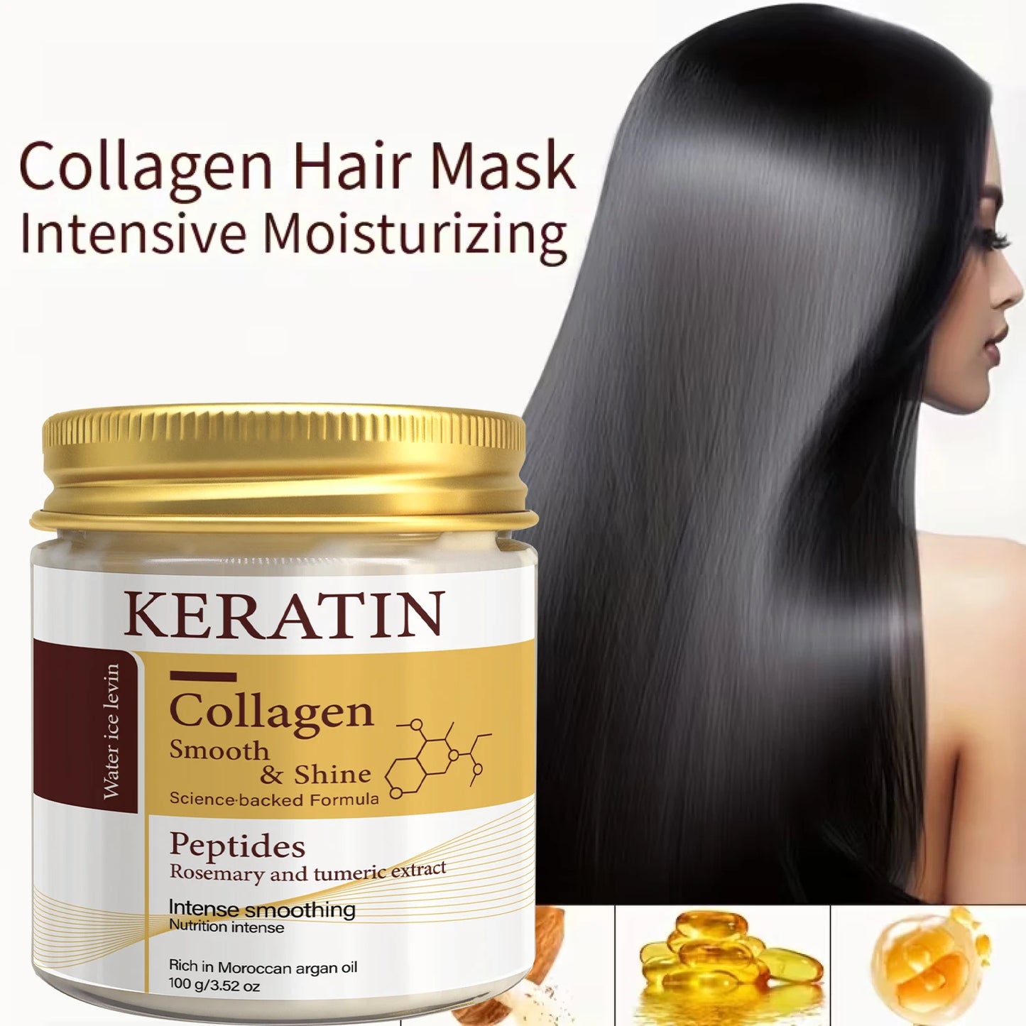Keratin Collagen Hair Mask with Peptides & Rosemary - Intense Smoothing & Shine for All Hair Types - Deep Conditioning Treatment