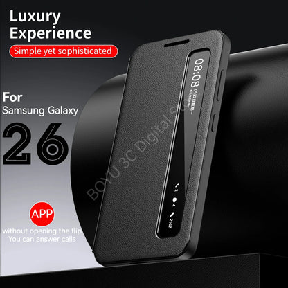 APP Luxury Leather Phone Case for Samsung Galaxy S26 S25 S24 S23 S22 Ultra Plus S25FE Edge Flip Smart Display Clear Window Cover