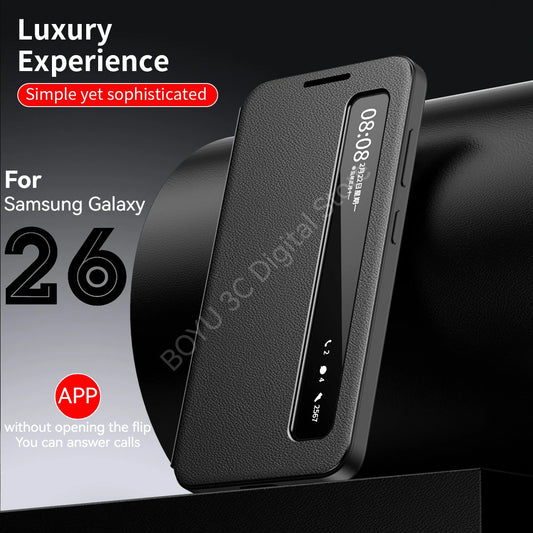 APP Luxury Leather Phone Case for Samsung Galaxy S26 S25 S24 S23 S22 Ultra Plus S25FE Edge Flip Smart Display Clear Window Cover