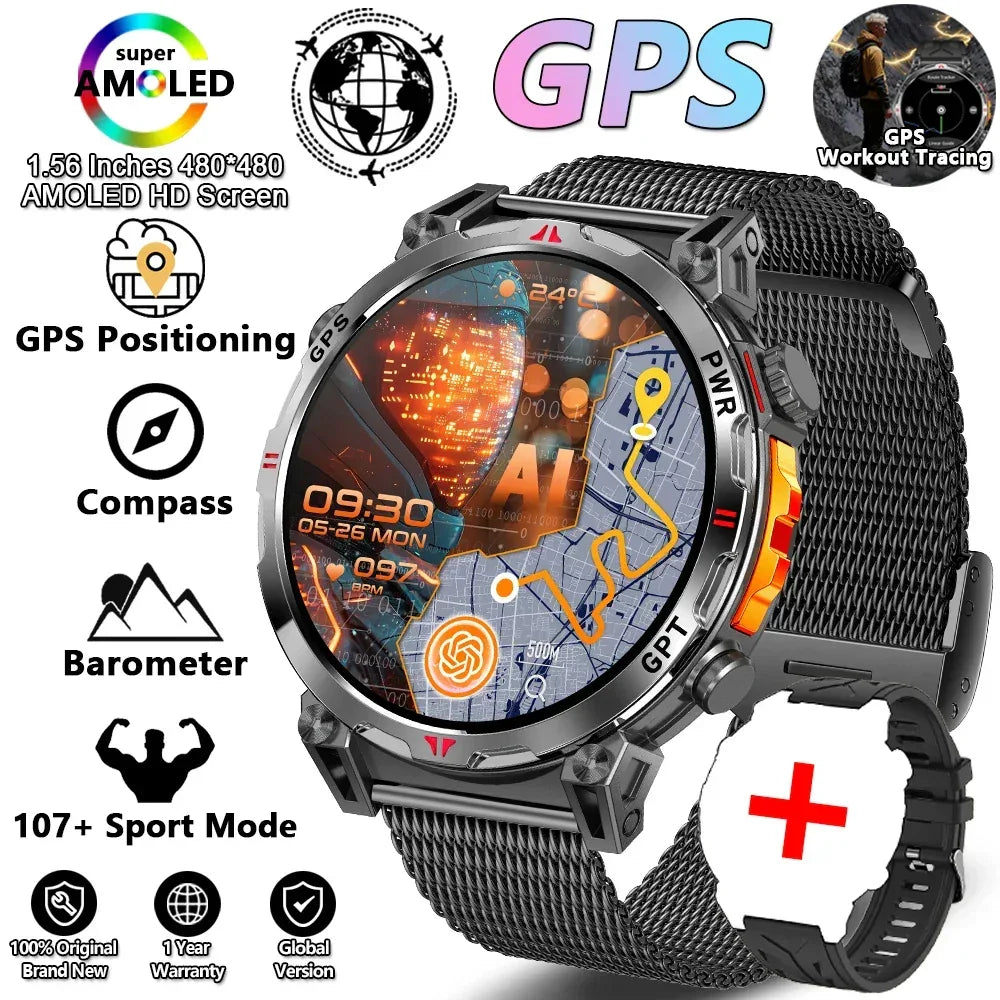 2026 New Outdoor Sports Smartwatch Men GPS Positioning 650mAh HD Call 1.56-inch AMOLED Screen Compass 5ATM Waterproof Watch Man - Urbizia