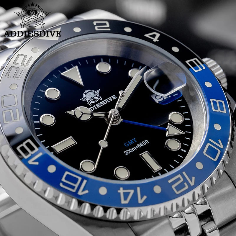 ADDIESDIVE Watch For Man Quartz GMT 20Bar Waterproof BGW9 Super Luminous 316L Stainless Steel Ceramic Bezel Watch