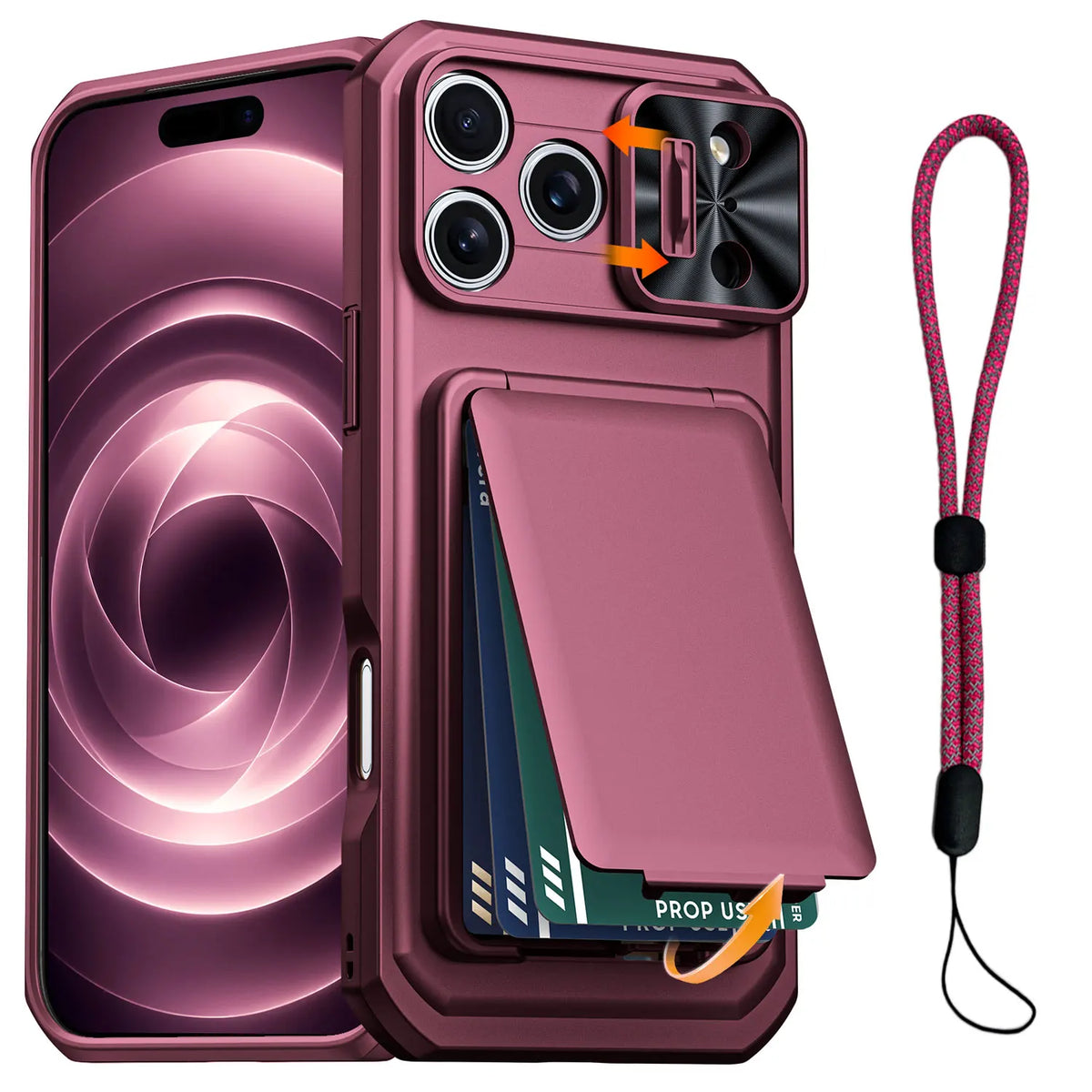 WEFOR for iPhone 18 17 16 15 Pro Max Wallet Card Holder 3-4 Cards Kickstand Slide Camera Cover Wrist Strap Rugged Shockproof