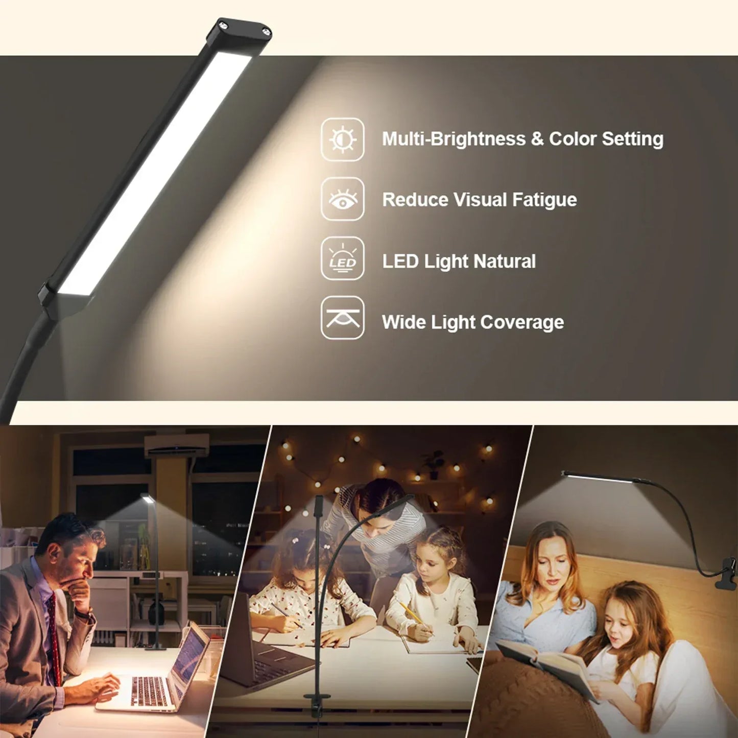 10W LED Desk Lamp with Clamp Dimmable Clip On Reading Light 10 Brightness Level 3 Lighting Modes Flexible Study Table Lamp USB - Urbizia