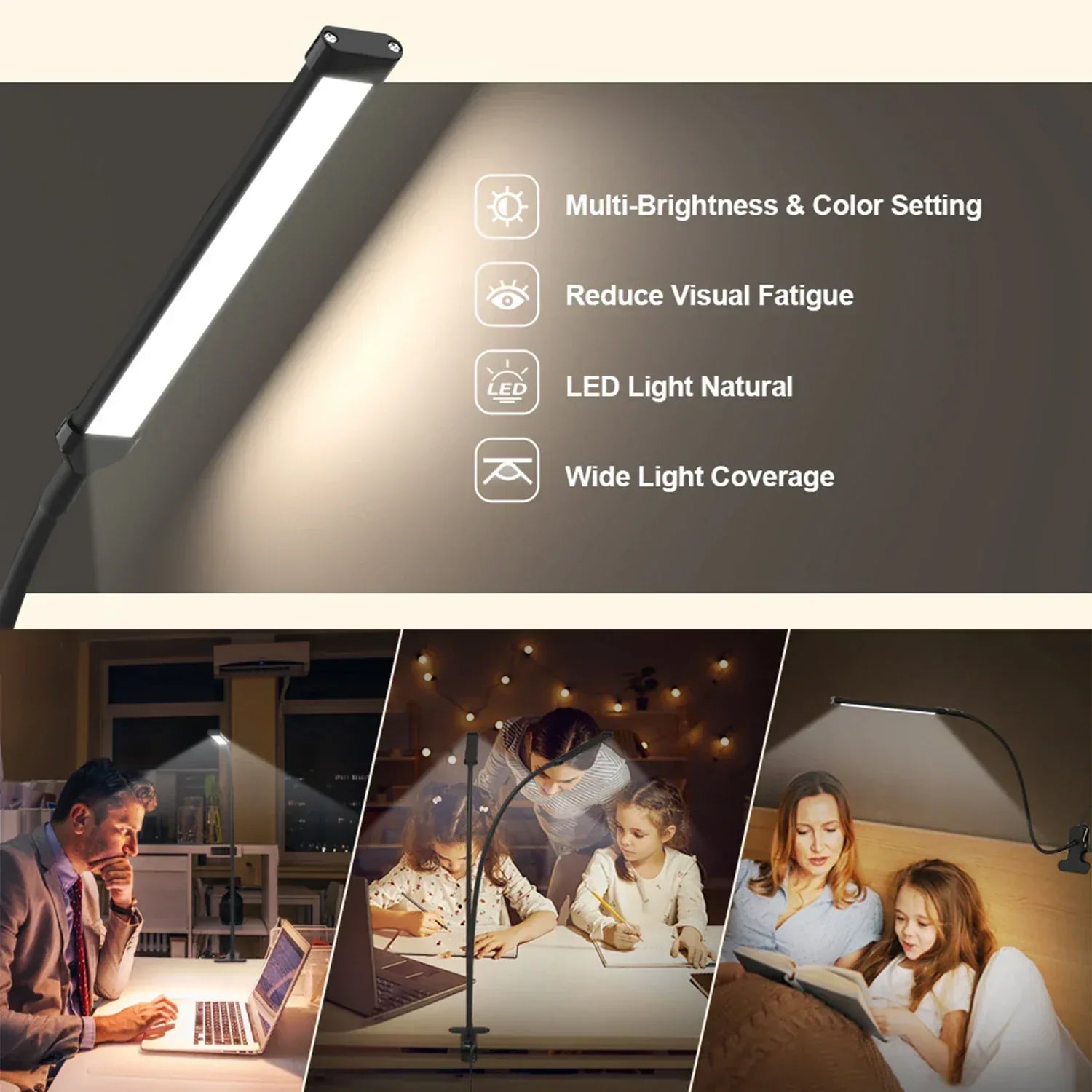 10W LED Desk Lamp with Clamp Dimmable Clip On Reading Light 10 Brightness Level 3 Lighting Modes Flexible Study Table Lamp USB - Urbizia