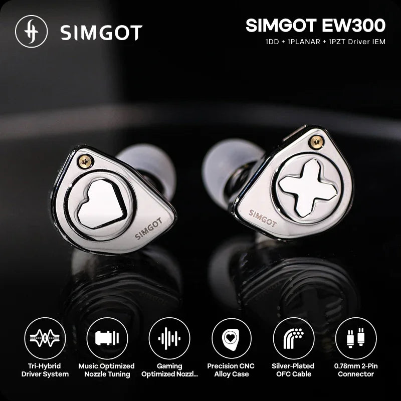 SIMGOT EW300 1DD+1Planar+1PZT Hybrid Driver IEM HIFI Earphones with Detachable Nozzles Silver-Plated OFC IEM Cable for Musician