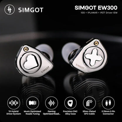 SIMGOT EW300 1DD+1Planar+1PZT Hybrid Driver IEM HIFI Earphones with Detachable Nozzles Silver-Plated OFC IEM Cable for Musician