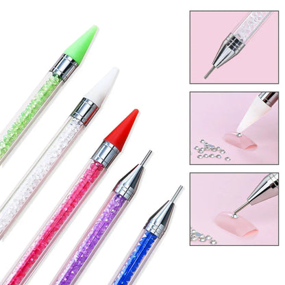 1Pc Dual Heads Point Drill Pen Acrylic Handle Crystal Beads Rhinestone Gems Picker Dotting Wax Pencil DIY Nail Art Tools