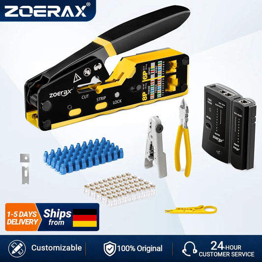 ZoeRax 8 in 1 RJ45 Cat6 Cat5e Crimp Tool Kit RJ45 Crimping tool,Cable Tester,Wire Cutter,Blades,50Pcs Cat6 Connectors and Boots