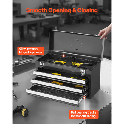 SucceBuy 20in 3-Drawer Metal Tool Box Black/Red Tool Chest with EVA Liners Multifunction Tool Organizer for Garage & Workshop