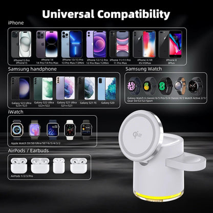 3-in-1 Wireless Charger Qi2 Fast Charging Station Foldable Holder for iPhone 17 16 15 Pro Max Airpods Apple Watch Desktop Stand