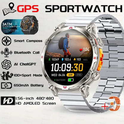 Military Grade Smart Watch Men GPS Compass Altimeter Clock 1.56" AMOLED 5ATM Waterproof Sport Fitness Tracker BT Call Smartwatch - Urbizia