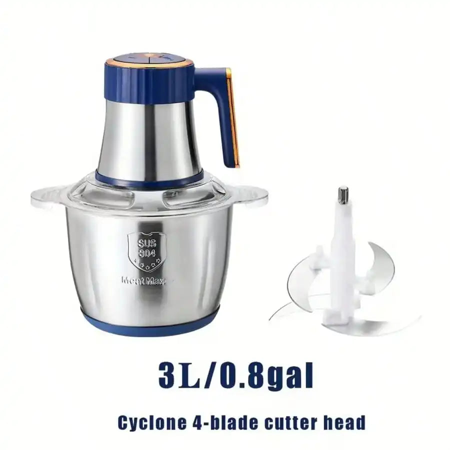 1pc 3L/0.8gal 300W 3-Speed High-Power Low-Noise B-PA-F-Ree 304 Stainless Steel Electric Meat Grinder Food Processor, Modern Kitchen Style Silver & Navy Blue Cylindrical Food Chopper With Ergonomic Handle, 4 Sharp Steel Blades