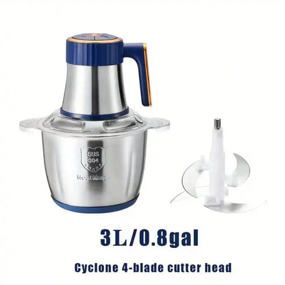 1pc 3L/0.8gal 300W 3-Speed High-Power Low-Noise B-PA-F-Ree 304 Stainless Steel Electric Meat Grinder Food Processor, Modern Kitchen Style Silver & Navy Blue Cylindrical Food Chopper With Ergonomic Handle, 4 Sharp Steel Blades