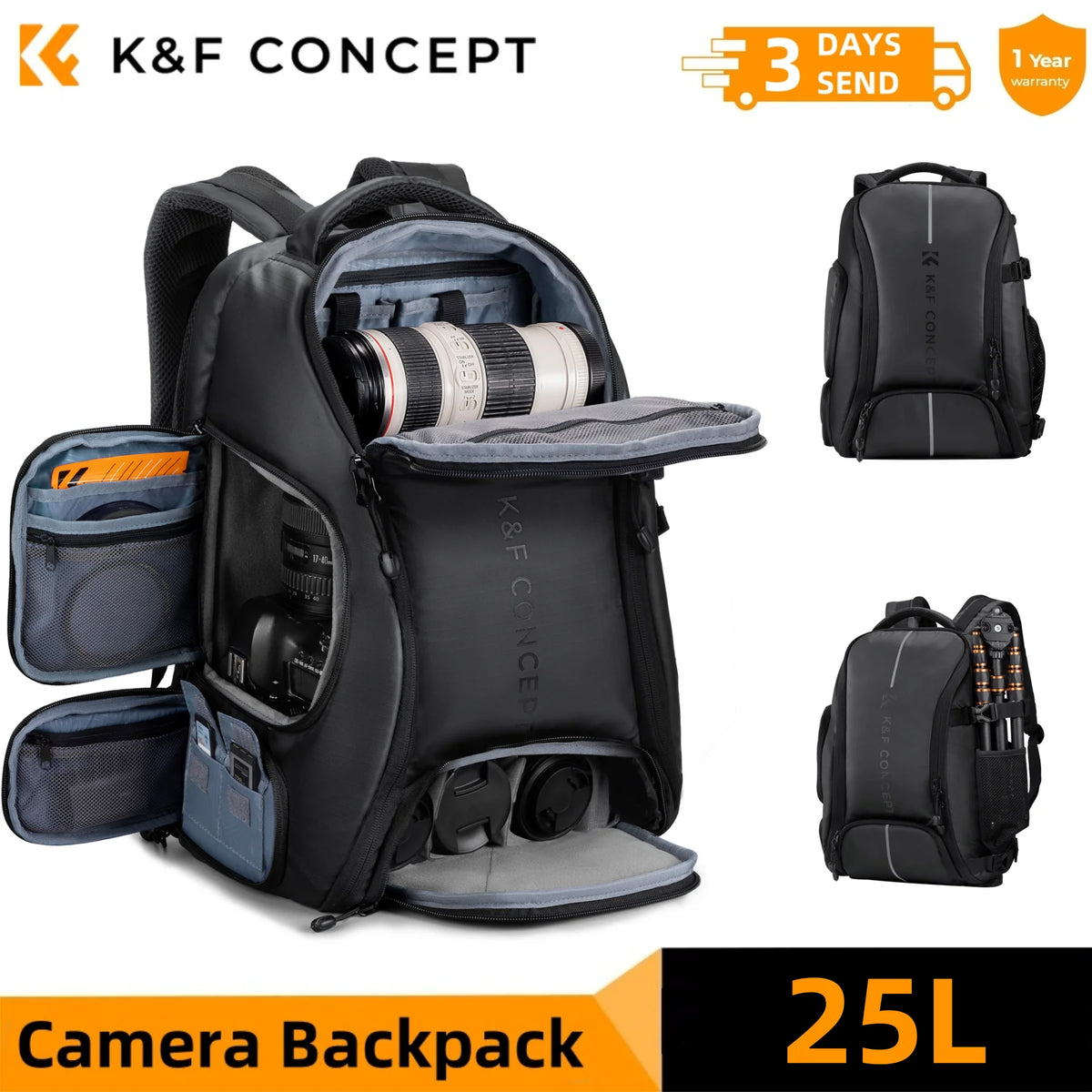 K&F CONCEPT 25L Camera Backpack Waterproof Sony Camera Bag for DSLR/SLR Camera Case with Tripod Strap Rain Cover for 15" Laptop
