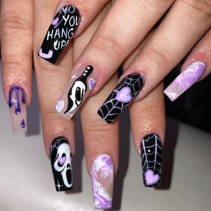 24Pcs Glitter Pink Sequins Fake Nails – Halloween Skull & Love Print Ballet Press-on Nails