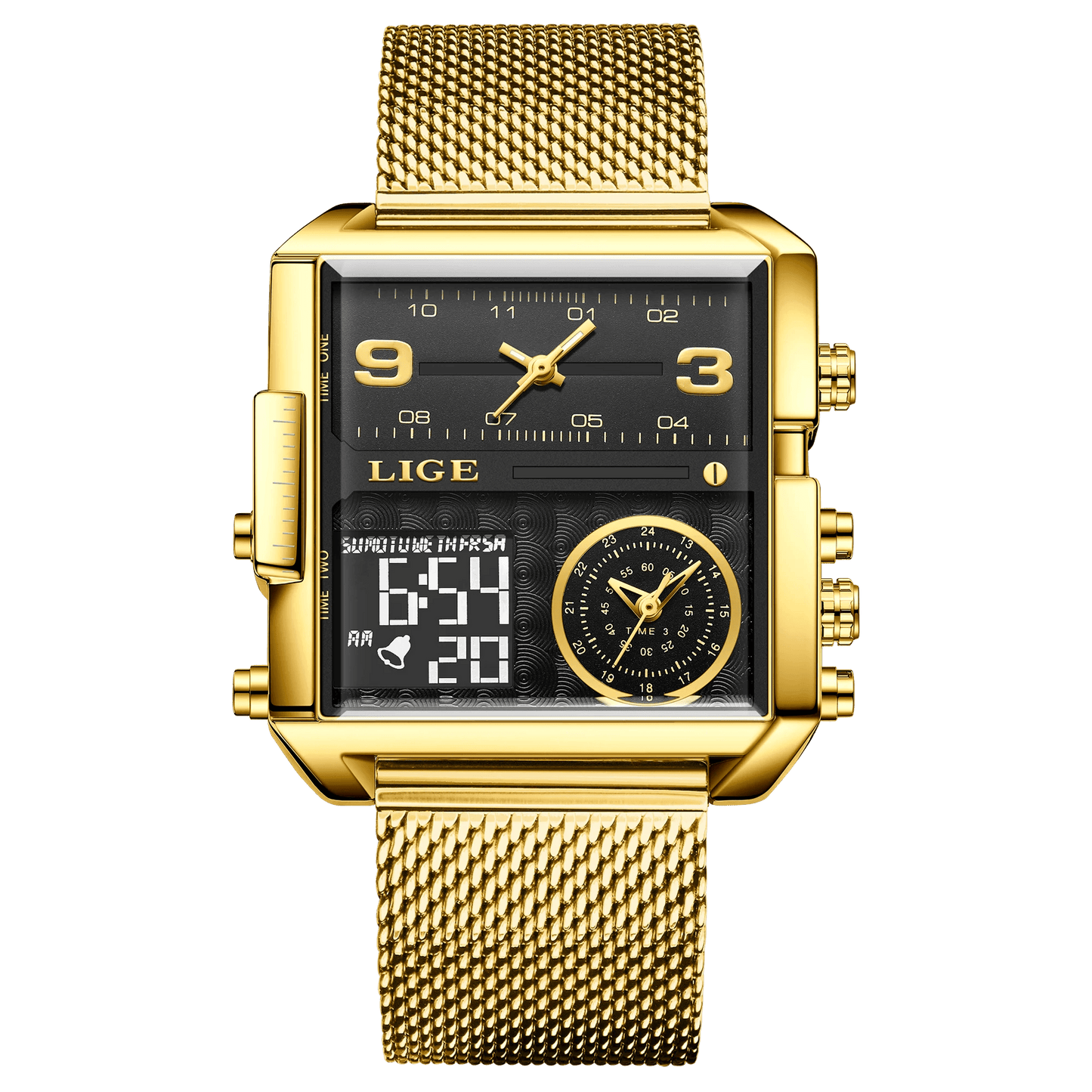 LIGE New Top Brand Luxury Fashion Men Watches Gold Steel Sports Square Digital Analog Big Quartz Watch for Man relogio masculino