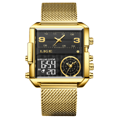 LIGE New Top Brand Luxury Fashion Men Watches Gold Steel Sports Square Digital Analog Big Quartz Watch for Man relogio masculino