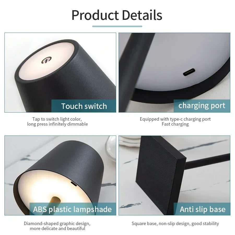 Rechargeable LED Table Lamp Touch Switch 3 Levels Dimmable Desk Lights Bar Club Dinner Creative Decorative Ambient Lighting - Urbizia