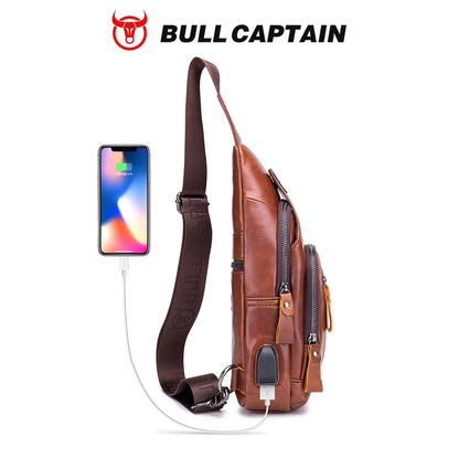 Bullcaptain Men's Usb Chest Bag 100% Genuine Leather Crossbody Shoulder Bags Multifunction Travel Outdoor Messenger Pack Fashion