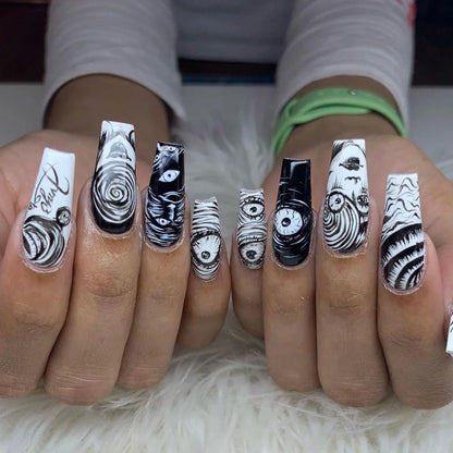 24pcs Halloween Press-On Nails – Gothic Punk 3D Spider Skull Design, Black Y2K Coffin French Fake Nails