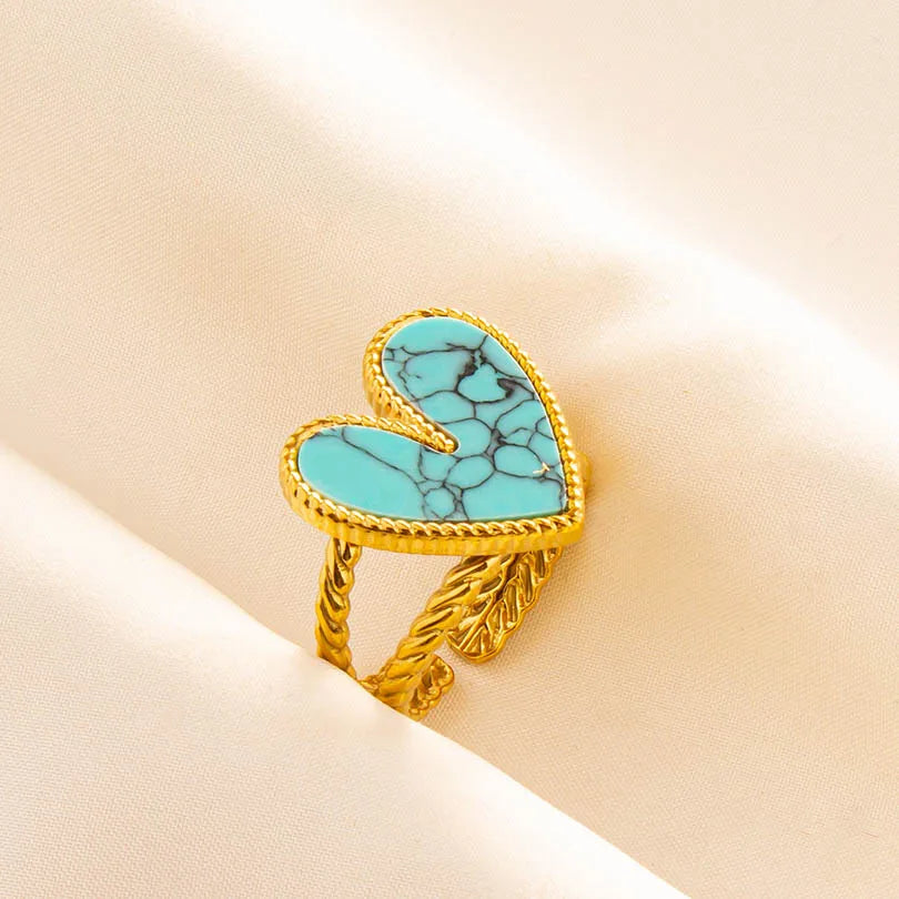 Turquoise Finger Jewelry Long Oval Sun Heart Water Drop Stainless Steel Rings For Women Men Accessories Gold Plated Open Anillos