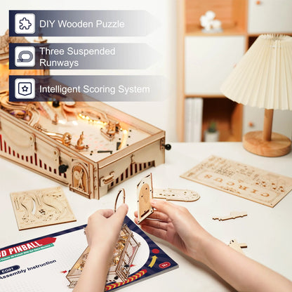 ROKR 3D Pinball Machine Wooden 3D Puzzle DIY Pinball Game Model Building Kit Brain Teasers Jigsaw Toys Birthday Gift for Adults Teens