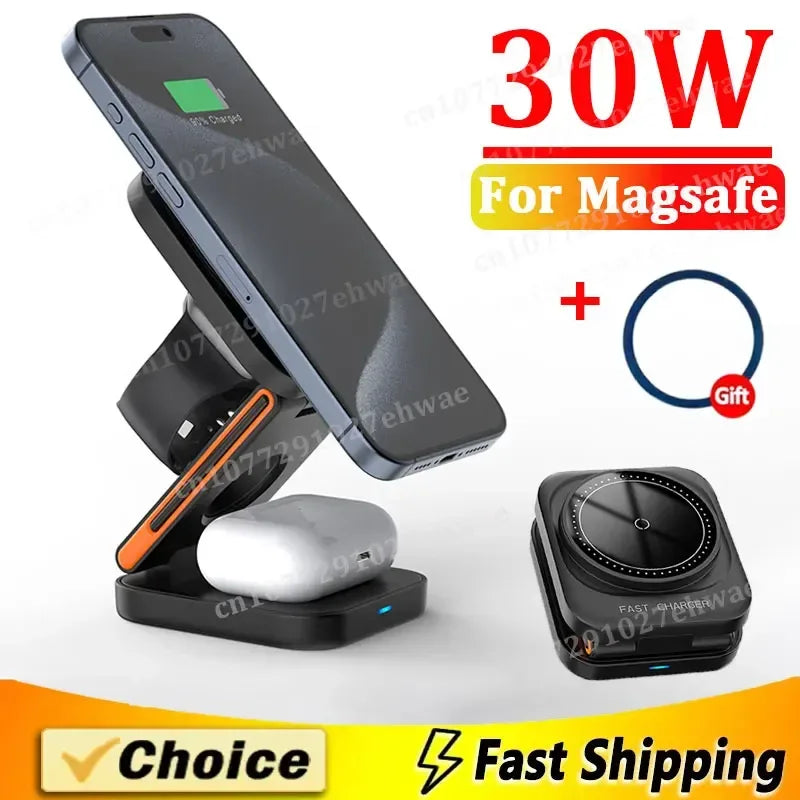 3 in 1 Foldable Charging Station Fast Magnetic Wireless Charger Stand for iPhone 17 16 15 14 13 12 Apple Watch 8 7 6 Airpods Pro - Urbizia