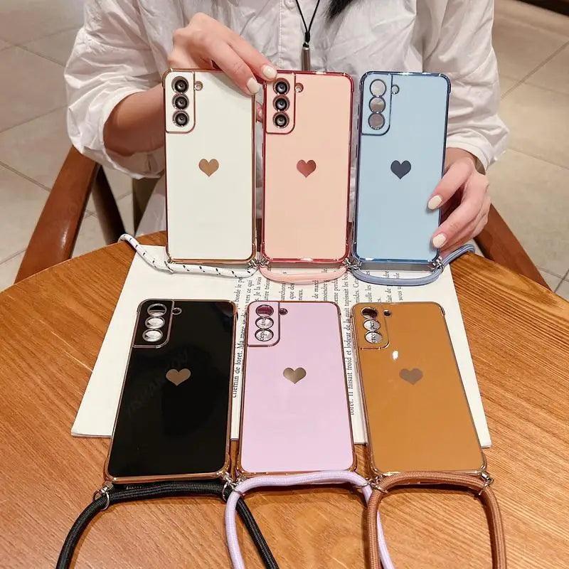 Crossbody Strap Cord Phone Case For Samsung Galaxy S26 S25 S23 S24 Ultra S24 FE A17 A57 A16 A55 5G Plating Heart Lanyard Cover