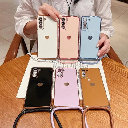 Crossbody Strap Cord Phone Case For Samsung Galaxy S26 S25 S23 S24 Ultra S24 FE A17 A57 A16 A55 5G Plating Heart Lanyard Cover