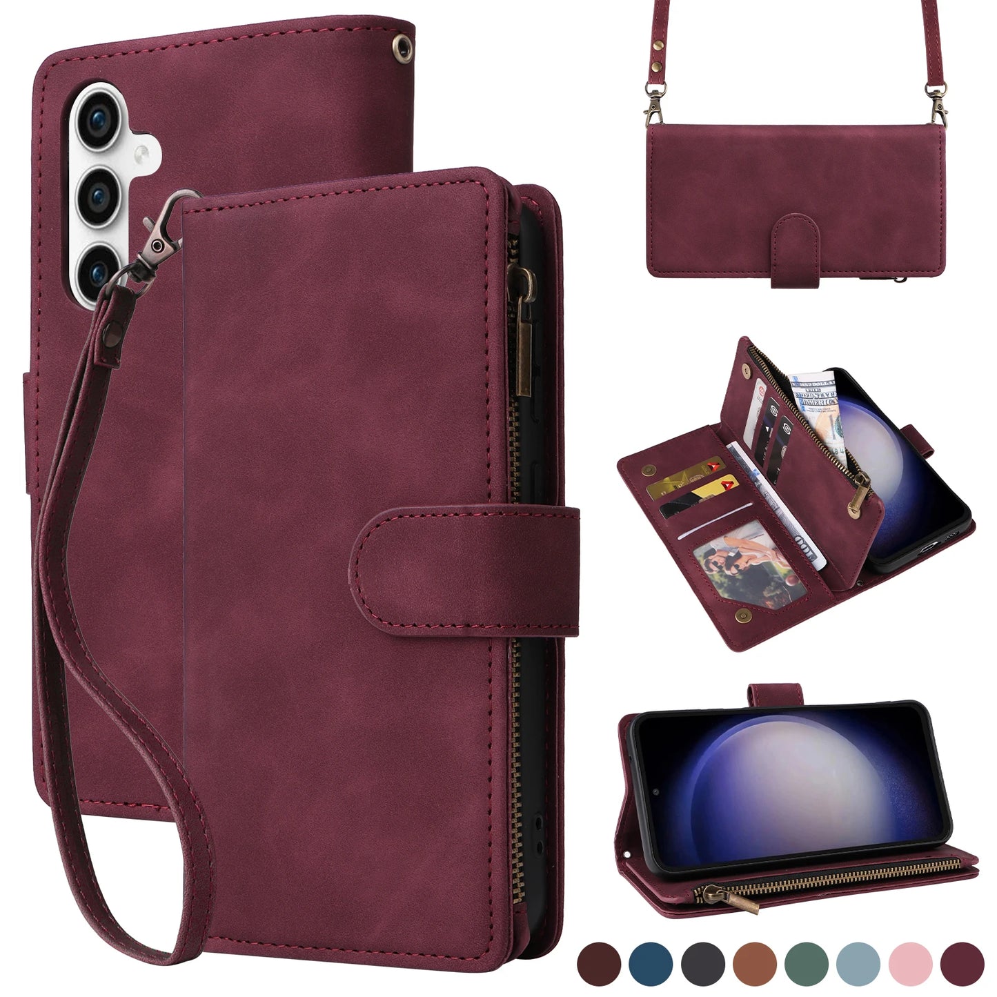 Zipper Crossbody Wallet Leather Case For Samsung Galaxy A56 A36 A26 A16 A06 A55 A35 A25 A07 A17 Flip Cover Multi-Functional Bags