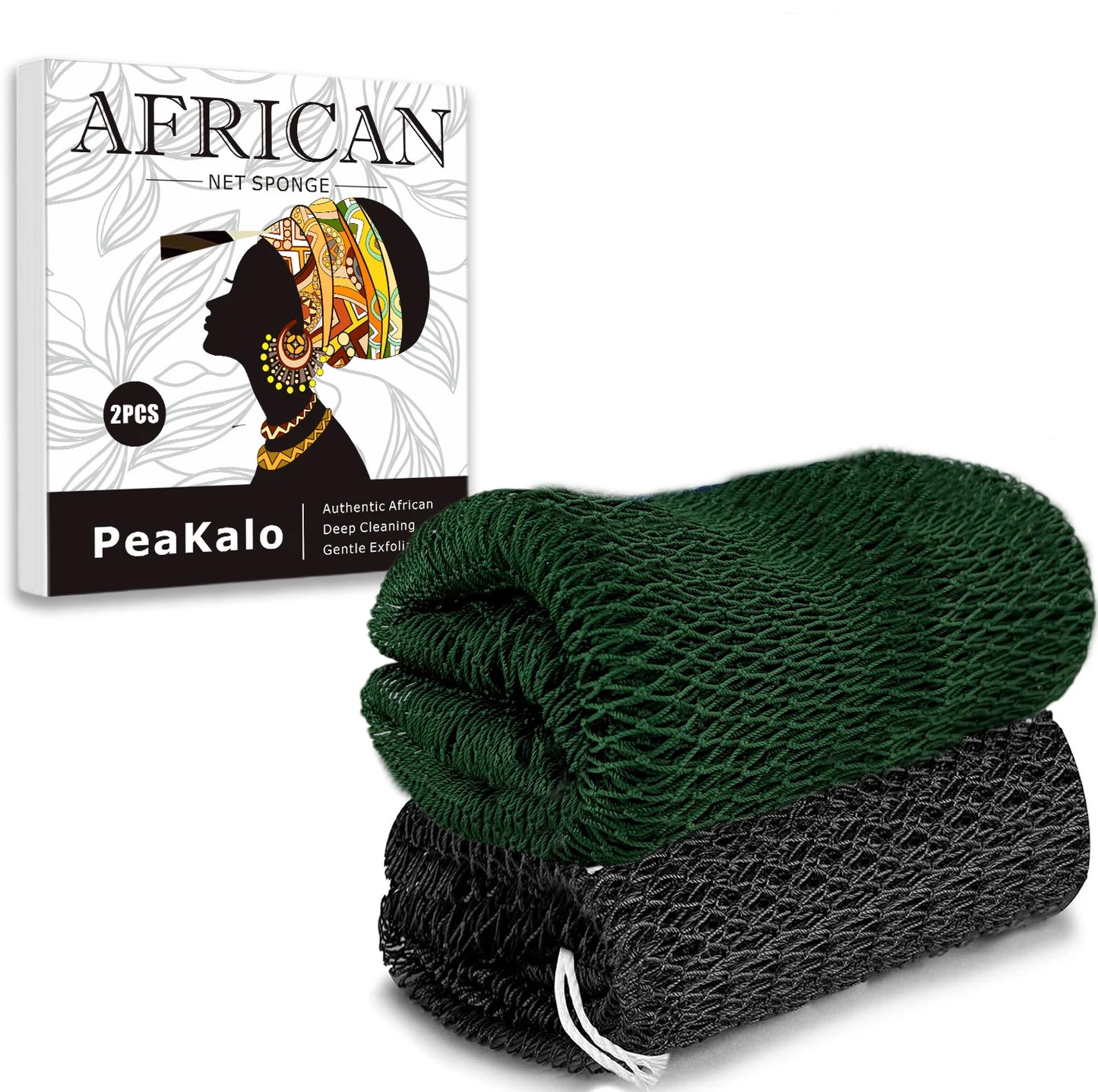 PeaKalo Authentic African Net Sponge-2Pcs Exfoliating Bath Shower Loofah Sponge, Gentle Back Scrubber for All Skin Types,Durable
