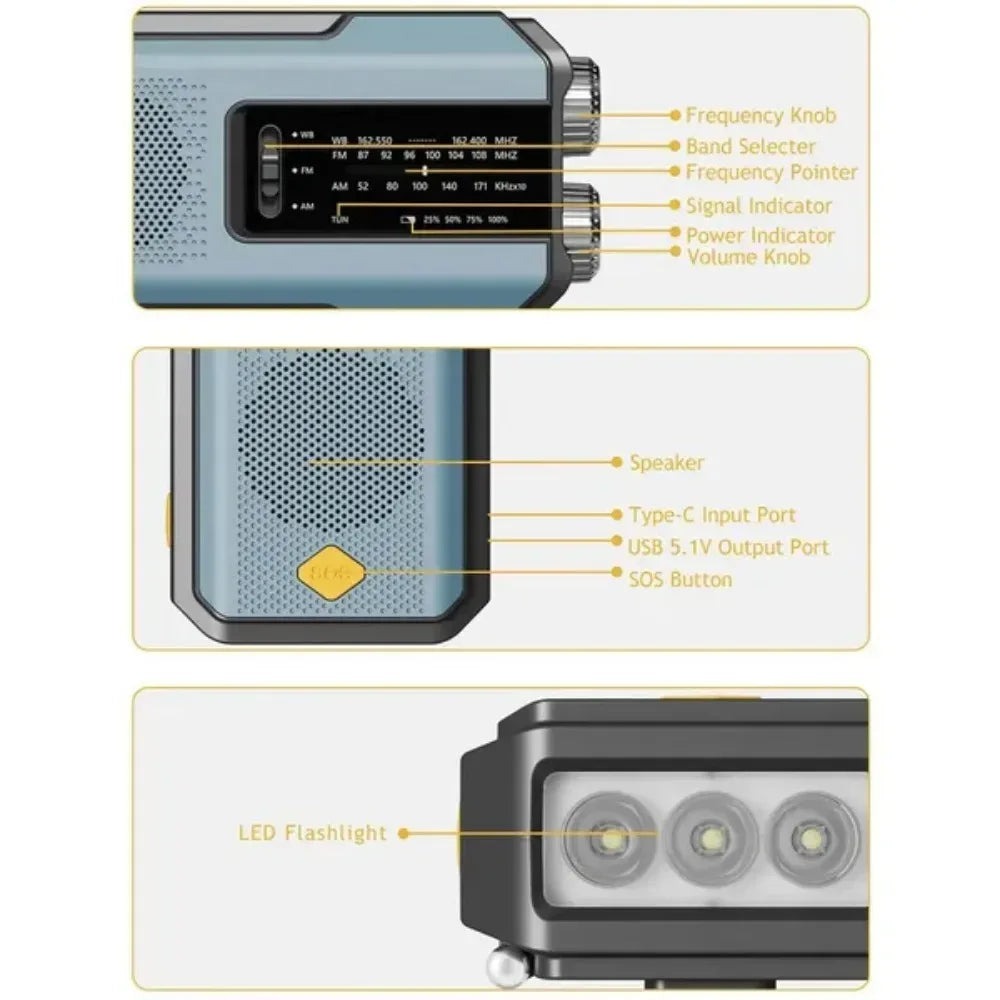 Weather Radio Emergency Multifunctional Radio FM AM WB Hand Crank Solar USB Charging 2000mAh Power Bank LED Flashlight Torch - Urbizia