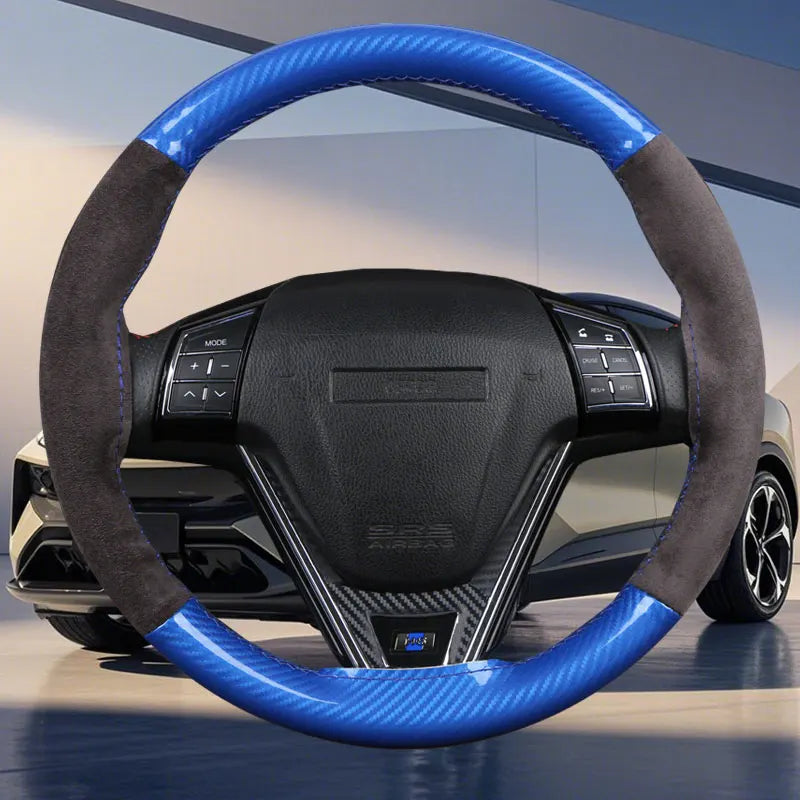 Dual-Tone Glossy Carbon Suede Car Steering Wheel Cover Non-Slip Universal Fit Soft Comfort for Round/D-Type Automotive Wheels