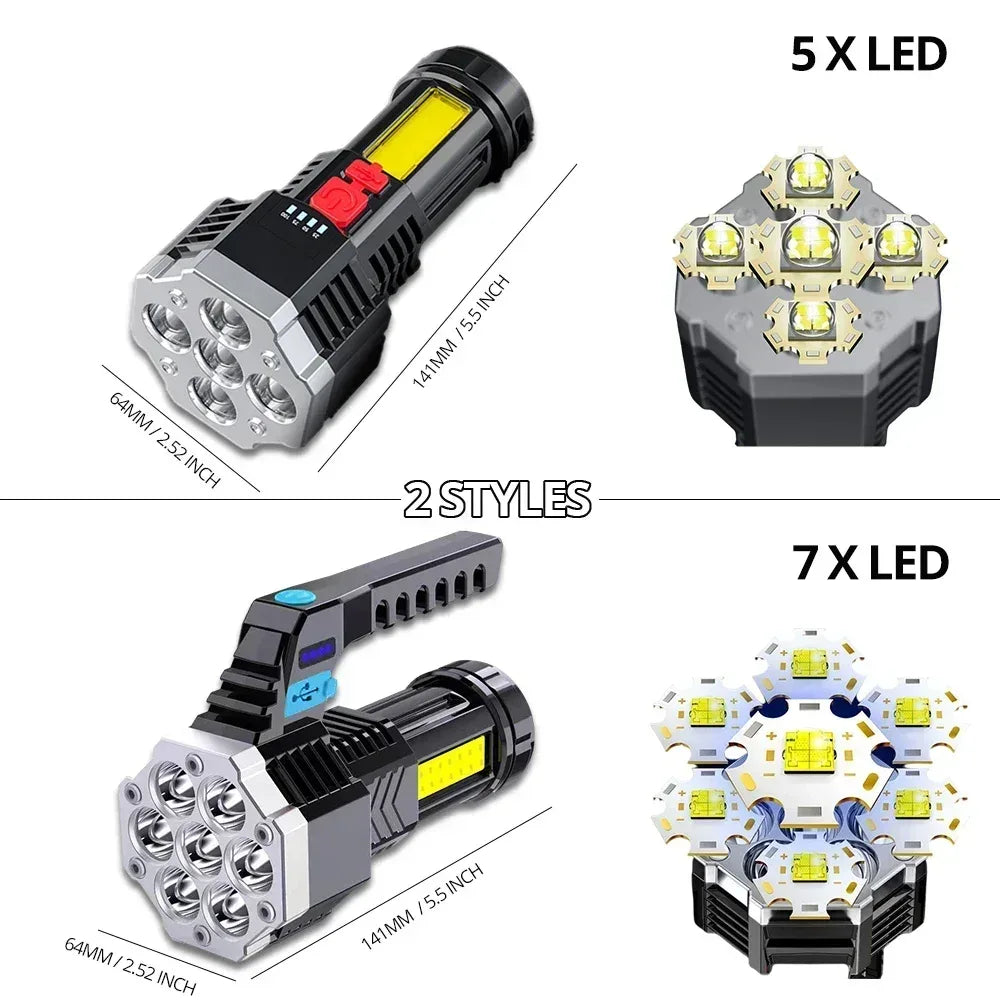 High-Power 7-LED Rechargeable Camping Flashlight with COB Side Light - Urbizia