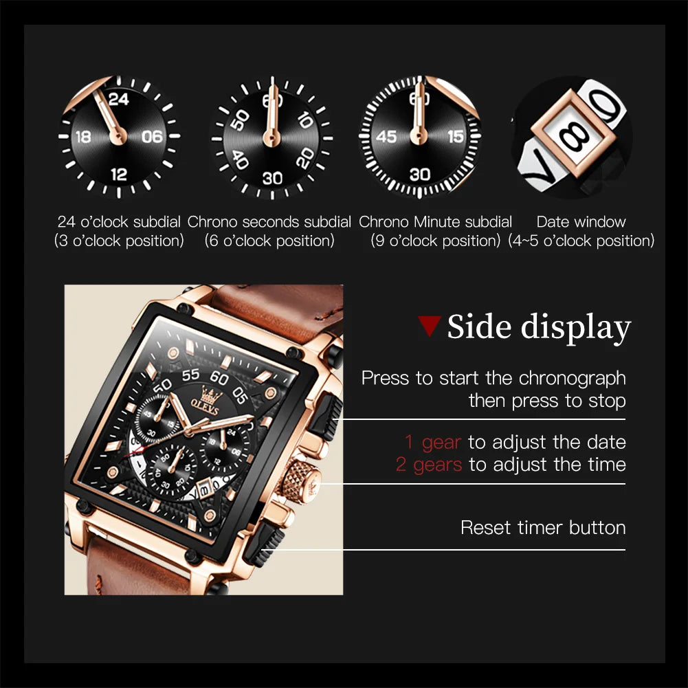 OLEVS 9919 Men Watch Original Brand Square Quartz Watch Waterproof Luminous Leather Strap Sport Clock Male Watch For Men