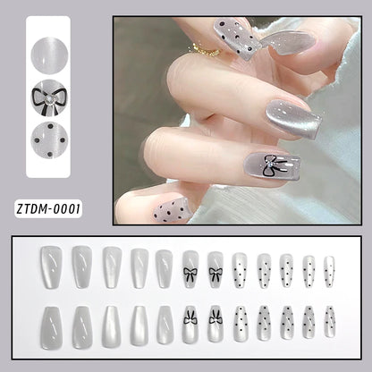 24Pcs Black Glossy Halloween Almond Fake Nails – Gradient French Press-on Nails with Rose, Heart & Skull Designs