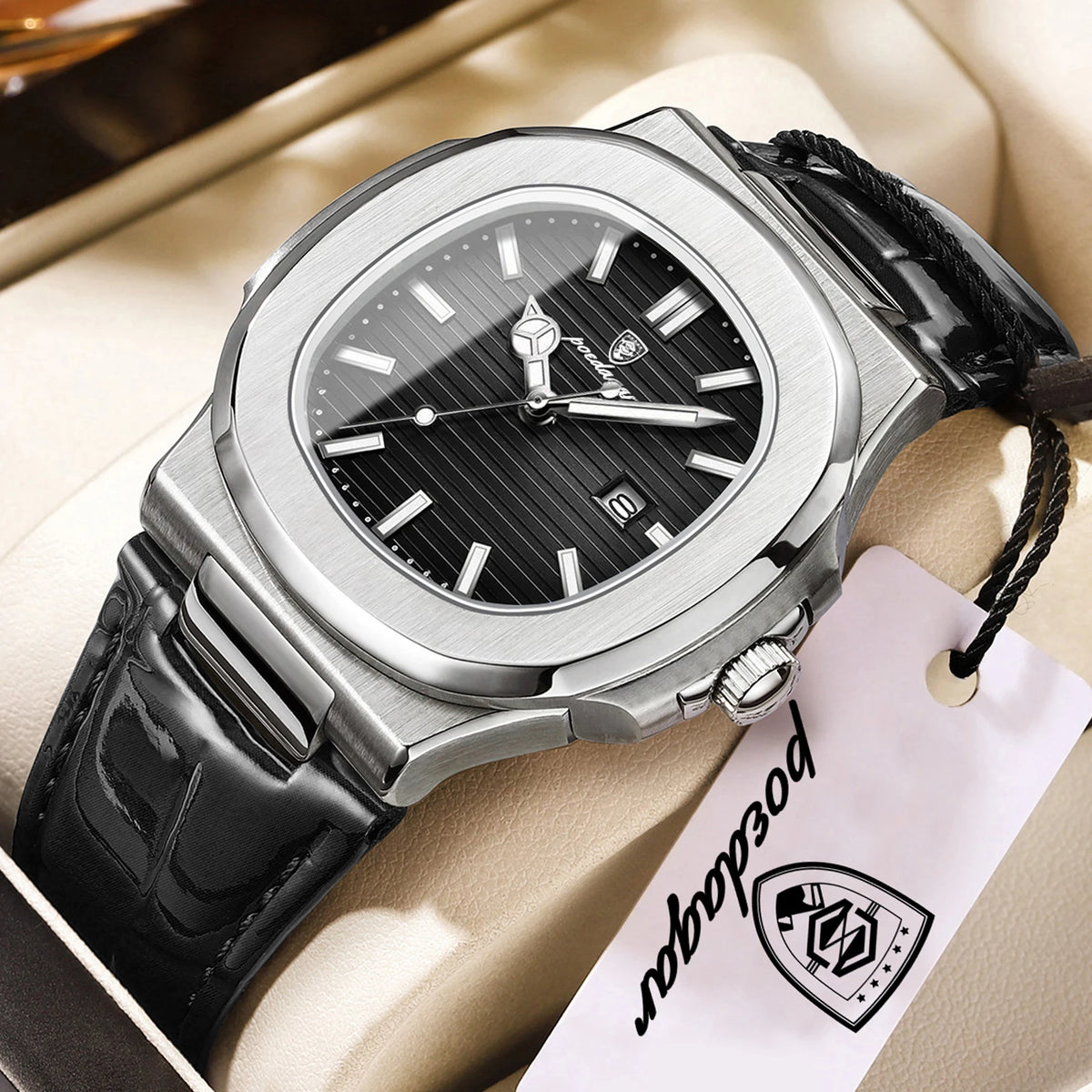 POEDAGAR Business Men's Watch Date Waterproof Luminous Luxury Men Clock High Quality Leather Quartz Square Watches For Man Reloj
