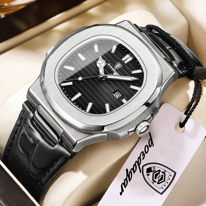 POEDAGAR Business Men's Watch Date Waterproof Luminous Luxury Men Clock High Quality Leather Quartz Square Watches For Man Reloj