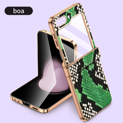Cowhide Leather Phone Case for Samsung Galaxy Z Flip7 Flip6 Flip 7 FE 6 5 Luxury Hinge Protection Cover with Tempered Glass