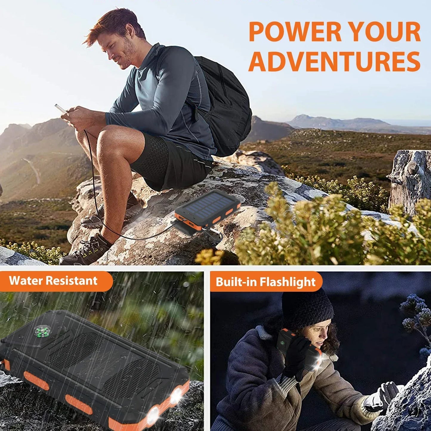 Solar Power Bank 20000mAh Waterproof Portable LED Flashlight