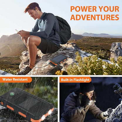 Solar Power Bank 20000mAh Waterproof Portable LED Flashlight
