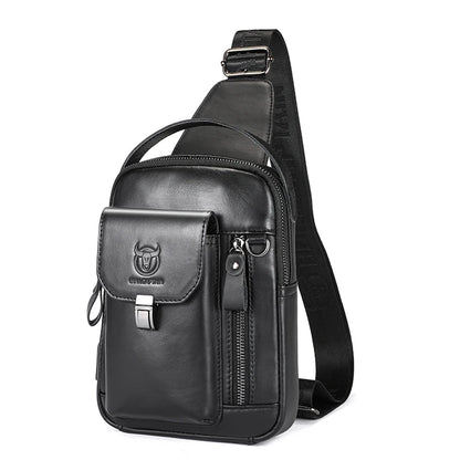 BULLCAPTAIN Men's Genuine Leather Chest Bag Casual Retro 7.9-inch Mobile Phone Bag Multifunctional Anti-Theft Crossbody Bag