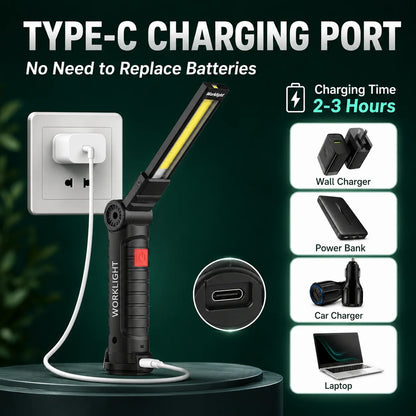 Rechargeable LED COB Work Light USB Magnetic Inspection Torch with Hook Dimmable Flashlight for Car Repair Camping 18650