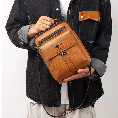 Men Multifunctional Leather Shoulder Bag Multi Pocket Crossbody Messenger Bag Business Travel Handbag with Top Handle Black