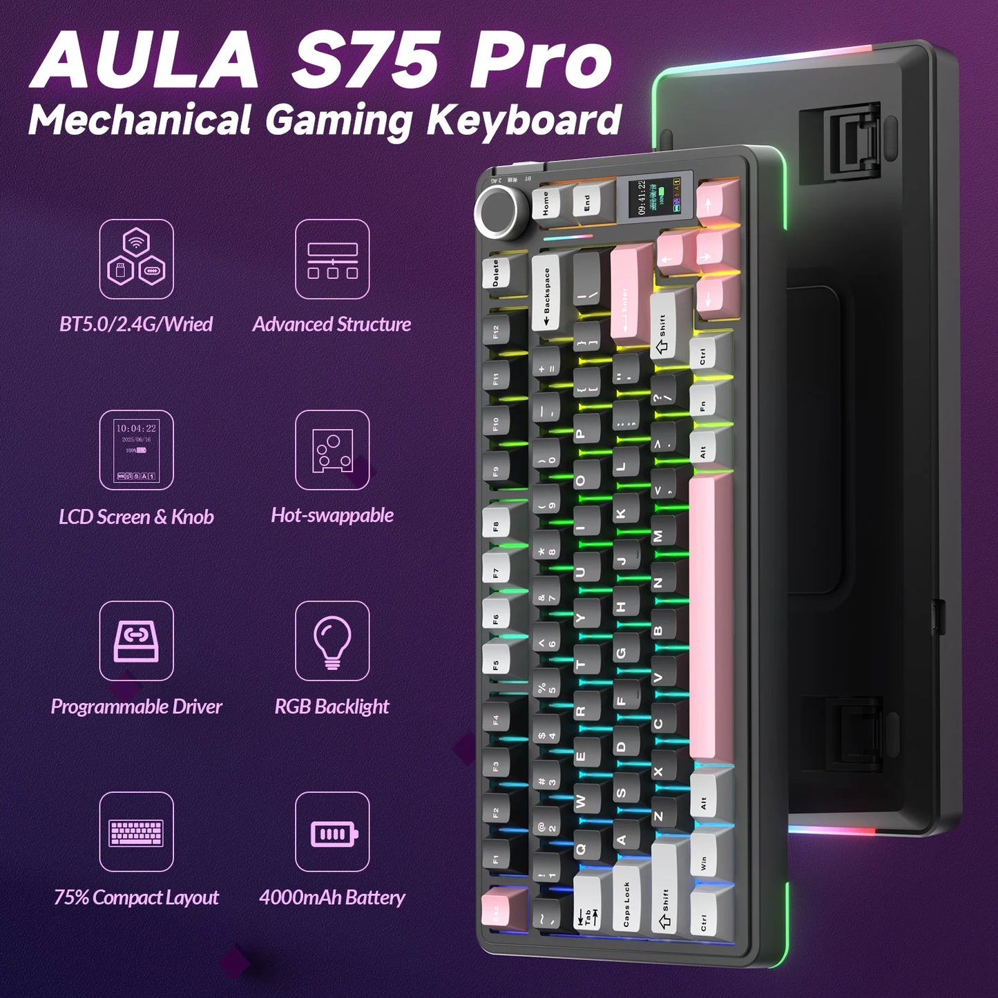 AULA S75pro Wireless Keyboard Tri-mode RGB Gaming Keyboard Hot Swap PBT Keycaps with Macro Software