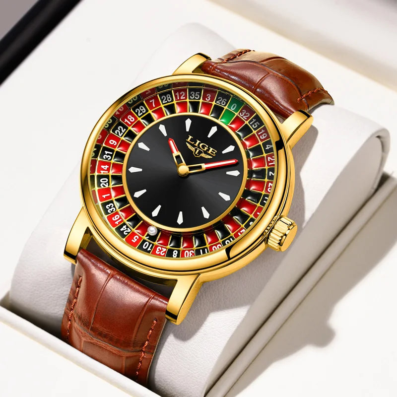 LIGE Fashion Men Watch Rotating Dial Las Vegas Roulette Desktop Theme Watch Men Waterproof Luminous Clock Watches Creative Clock